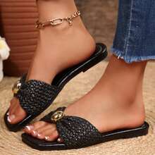 Bow Sandals For Women Dressy Square Open Toe Slippers Comfortable Slides For Summer Casual Vacation Beach Shoes Flats - Black - View 7