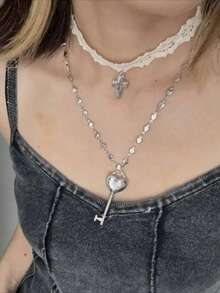 2件套 Y2K 白色蕾丝交叉带钥匙项链，女士甜美酷炫爱心双层项链，时尚派对饰品礼物 - 項鍊 - 查看 2