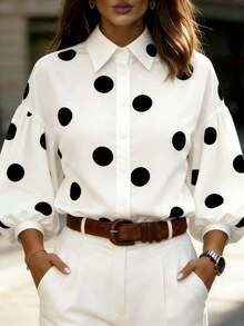 Women's Polka Dot Print Blouse, Regular Length, Semi-Sheer, 3/4 Lantern Sleeve Shirt - Black and White - View 2