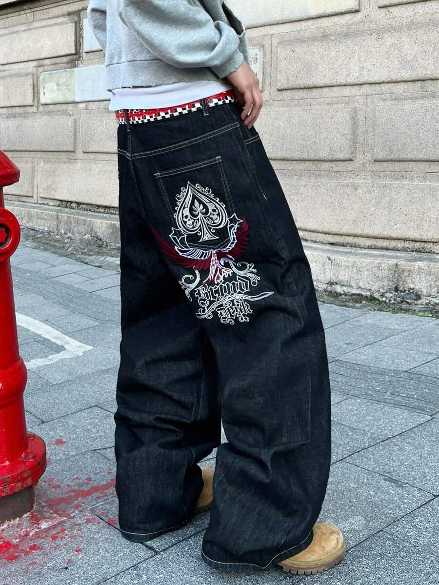 1pc Hearty Haven Casual Embroidered Loose Wide-Leg Jeans, Fashionable Streetwear Denim Pants For Men, All Season - Black - View 1