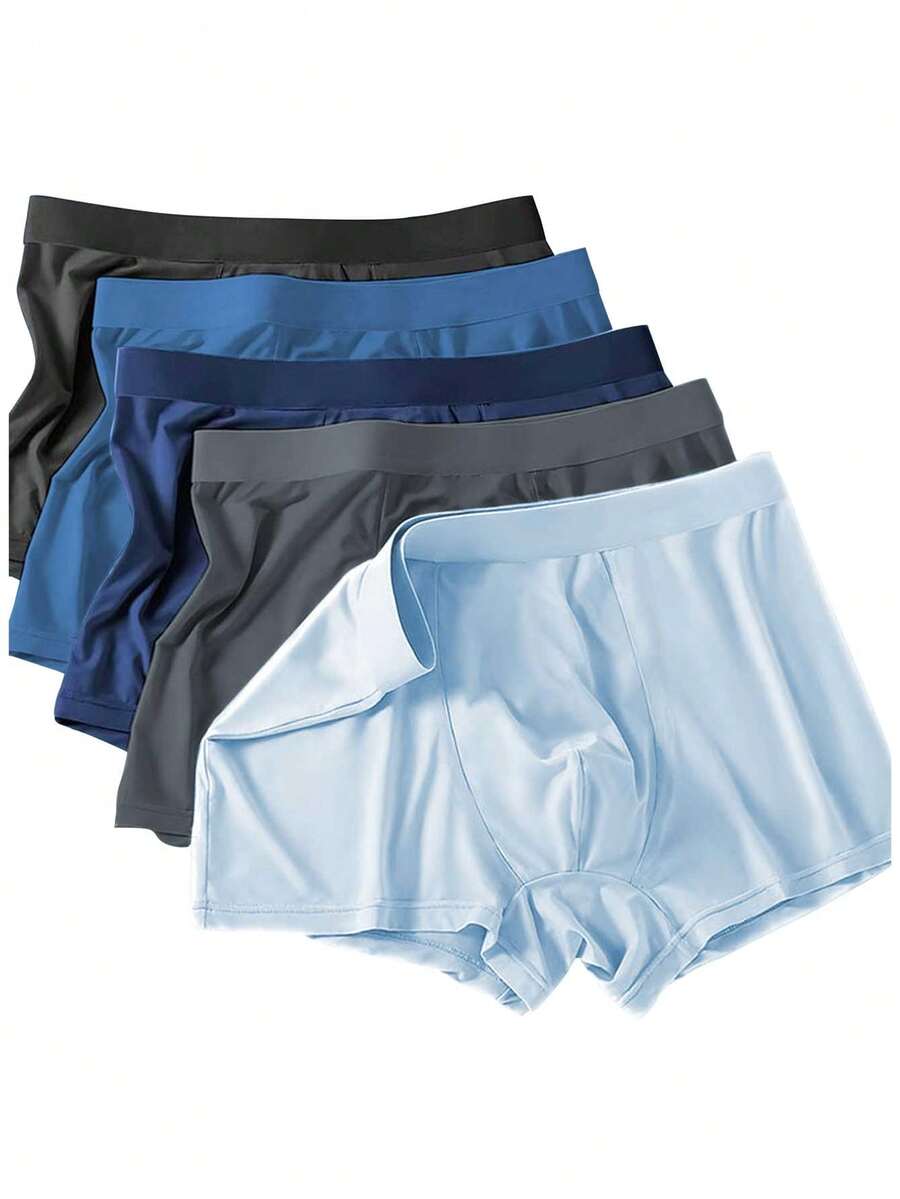 5pcs/Set Men's Silk Blend Boxer Briefs, Solid Color Underwear & Sleepwear Shorts