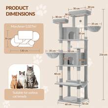 HEXCELEN Cat Tree For Large Cats, 216cm Cat Tower, Multi-Level Cats Climbing Tower With Scratching Posts, 2 Comfy Condos, 2 Perches, 2 Baskets, Hammock, For Indoor Use - Light Grey - View 8