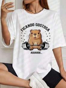 Camiseta de academia CAPIVARA, FICANDO GOSTOSA, camisa de treino maromba fitness plus size - Branco - Visão 2