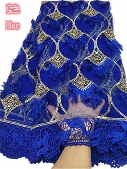 1 ياردة/5 ياردات قماش تطريز شبكي فوال سويسري مطرز بخرز كبير باللونين الوردي والأزرق. قماش تطريز فرنسي عالي الجودة مناسب لحفلات الزفاف 2026 باللون الأحمر