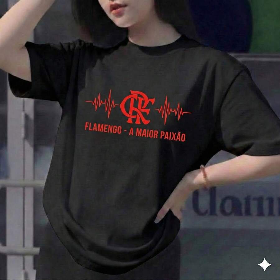 Women's T-Shirt, Flamengo Blouse, The Greatest Passion, Premium Cotton T-Shirt With Heartbeat Design. - 黑色 - 查看 1