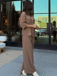 HH Women Pants Suit Solid Seven-Quarter Sleeve Lapel Drawstring Design Casual Loose Top+Elastic Waist Wide Leg Long Pants - Rust Brown - View 3