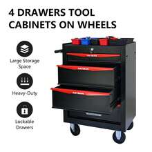 4 Drawers Tool Cart On Wheels, Stainless Steel Countertop Multifunctional Rolling Tool Storage Chest, Drawer Rolling Trolley Organizer Tool Box For Garage,Workshop - Red - View 3