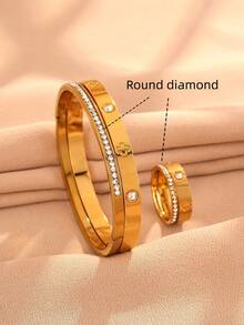4pcs Stainless Steel Four-Leaf Clover Rhinestone Bracelet & Ring Set, Waterproof & Fade-Resistant, Suitable For Women's Daily Wear, Gift For Holidays - Jewelry Set - View 5