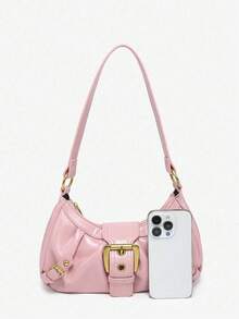 1pc Women's Vintage Mille Doux Wasteland Style Soft Distressed Leather Bag, Rivets And Needle Buckle Decoration, Wrinkle And Cloud Patterns, Shoulder/Crossbody Bag, Suitable For Work, Commute, Date And Party, Tready Crescent Moon Bag For Women - Hồng - Xem 6