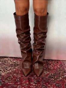 Shark Brown Boots Women's Knee High Boots Solid Color Pointed Toe Fold Over Boots Slouchy Wedges High Heels Shoes Wide Calf Easter Festival Fashionable Outdoor Party Boots Motorcycle Shoes - màu nâu - Xem 7