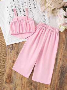 2pcs Baby Girls' Cute 3D Floral Camisole Top And Ruched Casual Pants Set, Summer - Pink - View 2