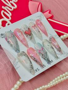 10 PCS Handmade Y2K Hot Girl Mermaid Iridescent Press On Nails, Liquid Metal Sparkly Stiletto Nails - Màu Hồng baby - Xem 3