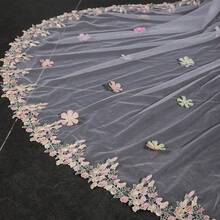 1pc Elegant Colorful Floral Lace Trim Long Bridal Veil With Comb, Wedding Photography Headpiece - Multicolor - View 6