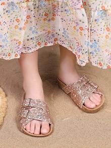 1 Pasang Sandal Anak Perempuan Sol Tebal Anti Selip dari Gabus Lembut, Lembut & Nyaman, Desain Payet & Rhinestone yang Modis, Cocok untuk Usia 3-15 Tahun, Aktivitas Luar Ruangan, Pantai - Emas - View 3