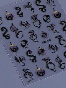 2 Sheets Shiny Black Dragon Nail Art Stickers, Halloween Dinosaur Pterodactyl Bat Gothic Style Nail Decals, Self-Adhesive, Suitable For Acrylic Nails, Nail Art Decoration - 黑色 - 查看 6