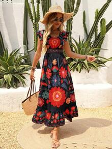 New Autumn Lightweight V-Neck All-Over Cute Leaf & Floral Print Bohemian Casual Pleated Ruffle Hem Waist Splice Maxi Dress, Suitable For Music Festivals, Women's Holidays, Country Music Concerts, Graduation, Parties, Back To School, Teacher's Day, Halloween, Christmas - 黑色 - 查看 5