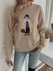 Retro-Style Knitted-Look Sweater With A Cute Little Bear Print, Artistic And Unique Design Top, Plus-Size Women's Winter Sweater, Plus-Size Women's, Comfortable Crewneck Pullover, Skin-Friendly And Soft, Machine Washable, Casual Yet Elegant, Suitable For Autumn And Winter, With A Non-Bulky Neckline.Valentine's Day,Valentine For Women,New Years - Earth Gray - View 10
