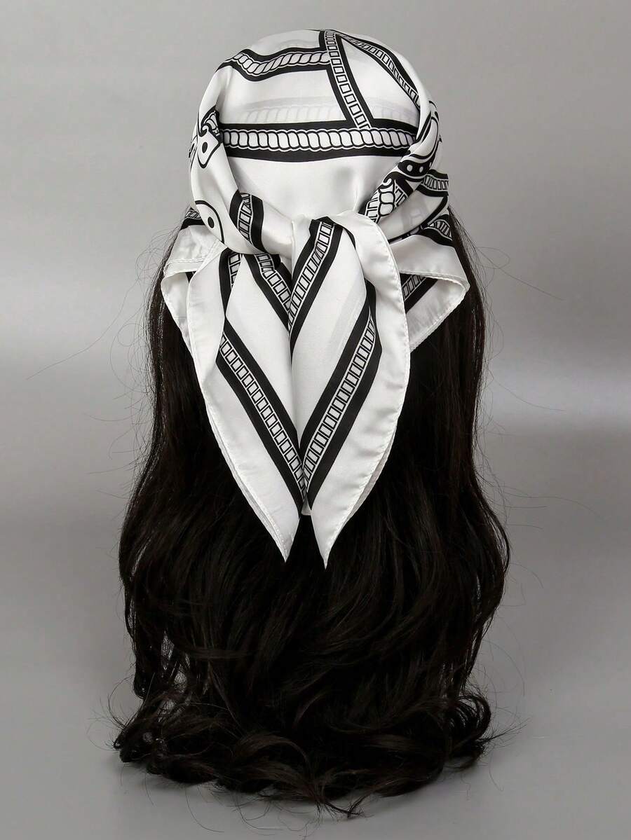 1pc Square Scarf, Women's Satin Geometric Print Headband, Headwrap, Fashion Ladies Neckerchief, Shawl, Scarf - S45520 - Black and White Geometric - View 1