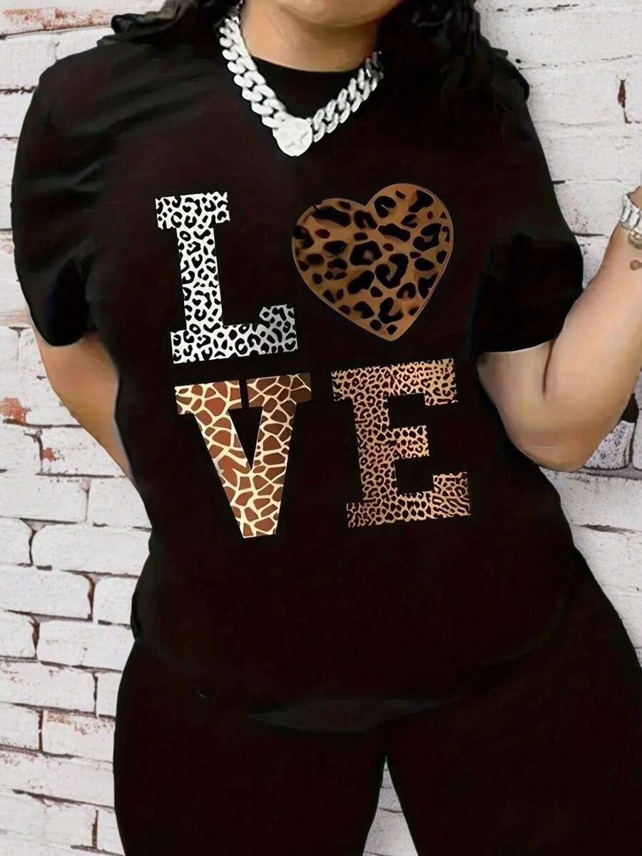 Moderno y Original Top Camiseta Estampado Animal Print Carta LOVE Diseño Unisex Cómodo Casual Día a Día Diversos Colores y Tallas Ropa Juvenil de Moda 2023 - Negro - Ver 1