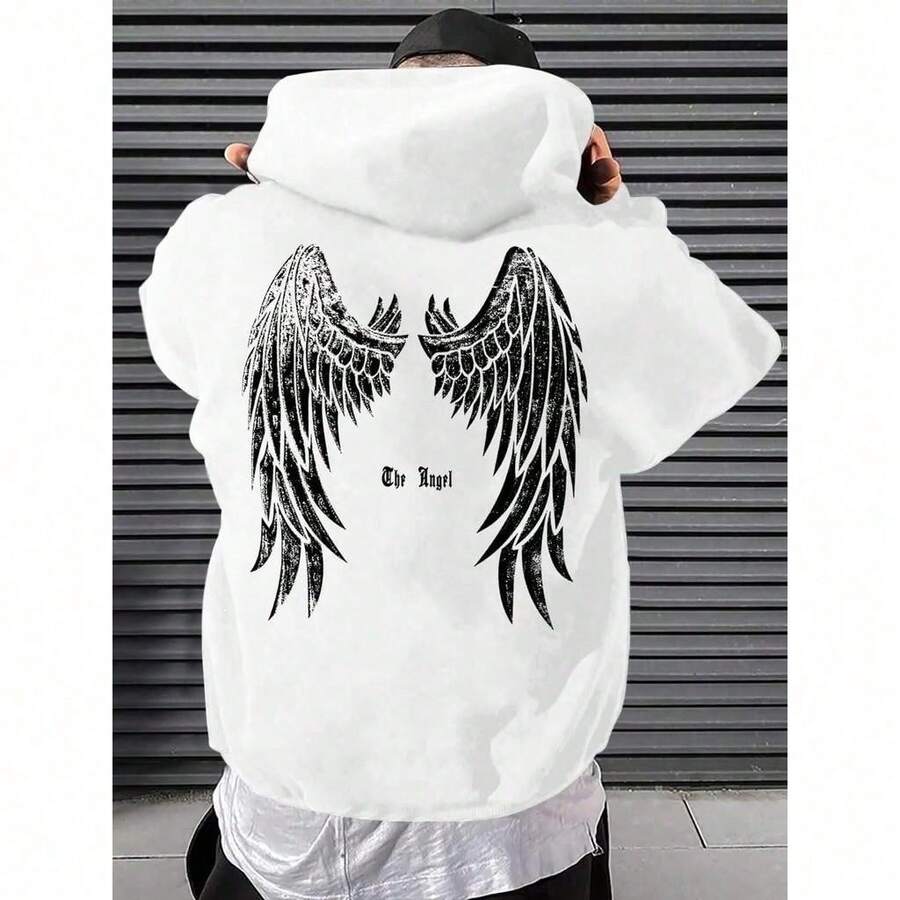Men's Streetwear Sweatshirt With Angel Wings Print, Printed Winter Jacket - 白色 - 查看 1