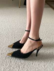 女士时尚尖头优雅套脚软底防滑黑色织物搭扣细高跟鞋 - 黑色 - 查看 1