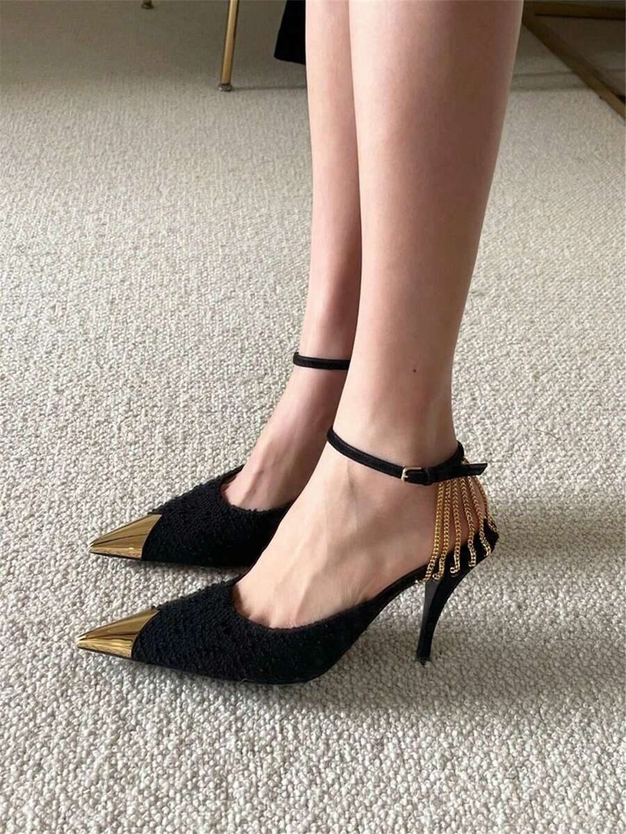 女士时尚尖头优雅套脚软底防滑黑色织物搭扣细高跟鞋 - 黑色 - 查看 1