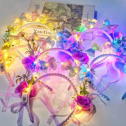 Glowing Butterfly Flower Crown, Princess Hair Accessory For Girls' Dance Performance And Photography Props