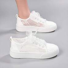 Women's Summer Mesh Casual Sneakers Lace-Up White Flat Shoes, Casual White Fashion Shoes - White - View 10