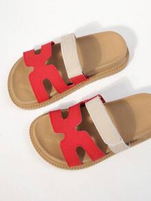 1 Pair Kids' Simple Solid Color Leather Comfortable Lightweight Dual-Strap Design Flat Casual Slippers, Suitable For Daily Wear, Beach Vacation - Red and White - View 8