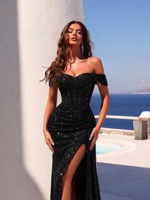 亮片心形领口褶皱腰身长系带前开衩露背鸡尾酒礼服，优雅正式晚礼服，适合婚礼宾客、毕业典礼、新年派对及其他场合。 - 黑色 - 查看 3