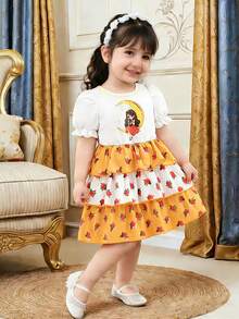 Baby Girl Stylish Moon Print Short Sleeve Cake Princess Dress, Summer - White - View 1