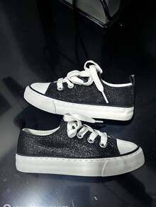 Spring Sequin Fashion Kids Canvas Shoes, Casual Lace-Up Comfortable Boys Girls Canvas Shoes, Anti-Slip Student Sneakers - Black - View 5