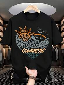 Adventure Awaits Mountain Sun Flower Design Graphic T-Shirt For Outdoor Enthusiasts Nature Lovers Camping Hiking Travel Gift, It Is A Perfect T-Shirt To Give To Friends And Family On Any Holiday Or Festive Occasion, 220g - 黑色 - 查看 2