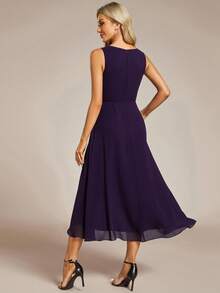 EVERPRETTY Đầm phù dâu bằng chiffon xếp ly thêu họa tiết cổ chữ V thanh lịch mùa xuân, đầm dạ hội trang trọng dành cho khách dự đám cưới. - Màu tím - Xem 3