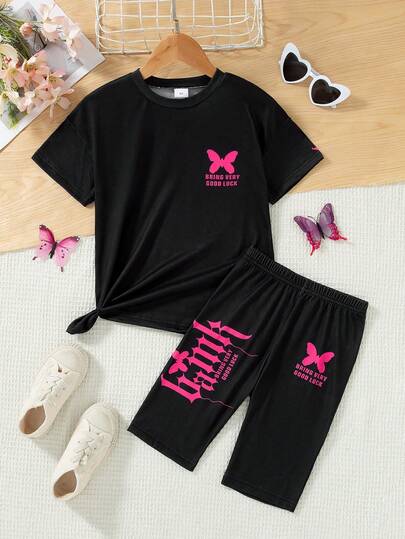 2 st/set flickor casual slumpmässigt tryckt dekoration nedhasade axlar kortärmad topp och shorts med resår i midjan, vår/sommar