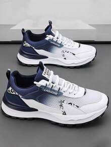 Zapatillas deportivas casuales para hombre con parte superior de malla transpirable en blanco y negro con bloques de color, suela gruesa, antideslizantes y duraderas, cómodas zapatillas con cordones, adecuadas para viajar, uso diario, actividades al aire  ocio cotidiano. - azul real - Ver 3