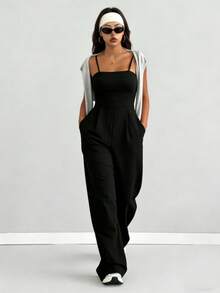 Mono de mujer, diseño de cintura alta, cuello en U y espalda en U, adecuado para uso diario casual, gimnasio, yoga, correr, primavera/verano - Negro - Ver 8