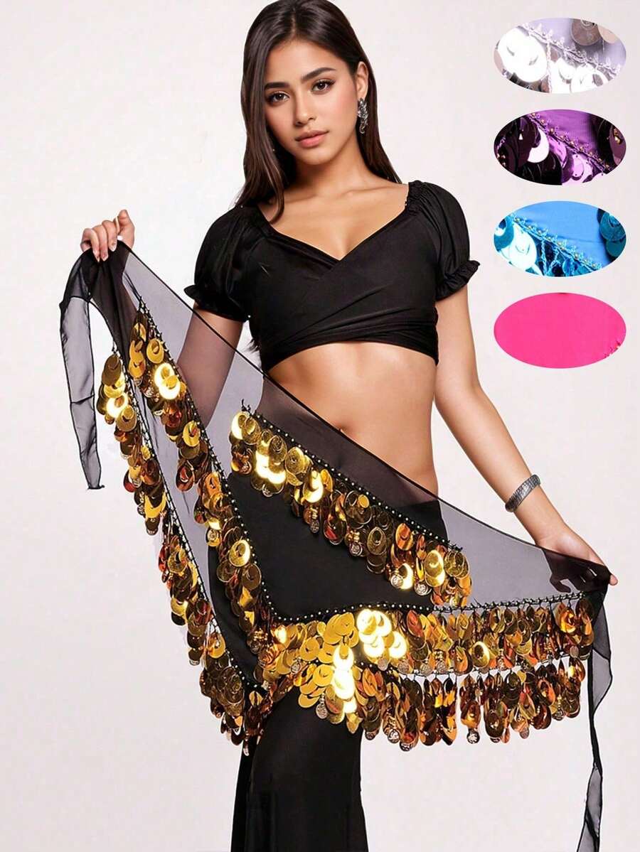 1条女士肚皮舞臀巾，新款流苏亮片腰巾/腰带，初学者三角巾，东方舞腰部配饰 - 彩色 - 查看 1