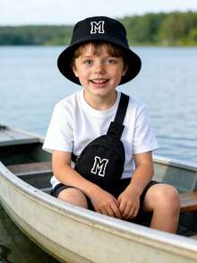 2件套字母A-Z可爱婴儿渔夫帽和包包，男女童儿童遮阳帽，户外儿童巴拿马帽，服装配饰 - 黑色 - 查看 3