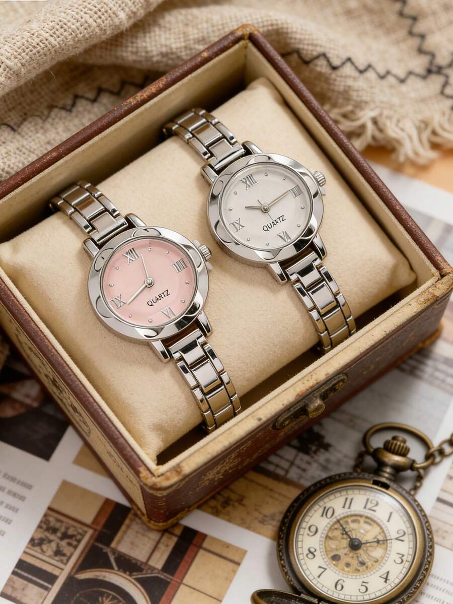 1 件休闲紧凑型罗马数字表盘钢带石英表，适合生日礼物、返校礼物、暑假礼物（无盒） - 銀色 - 查看 1