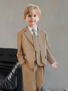 4pcs Young Boys Suit Set: Unique Design Jacket + Single-Breasted Vest + Matching Pants + Tie, Suitable For Festivals, Weddings, Ring Bearer Occasions - Coffee Brown - View 1