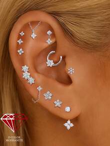 EleRunis 1颗0.1克拉莫桑石钻石925纯银花朵18K镀金平底耳骨耳钉，适合日常佩戴，可用于婚礼、派对、订婚、周年纪念、情人节等场合。 - 銀色 - 查看 12