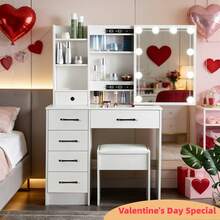 Valentine's Surprise For Her | Premium Solid Wood Makeup Vanity, 3-Speed Soft LED Mirror, Space-Saving Storage, Easy Assembly, Perfect Gift To Decorate Her Exclusive Beauty Corner - White - View 10