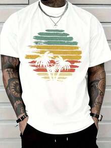 Camiseta Casual de Algodón para Hombre, Camiseta Gráfica de Atardecer Tropical para Hombre - Camiseta Blanca de Manga Corta con Diseño de Palmera IMYC - Gris Claro - Ver 5