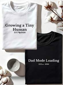 1 PC Growing A Tiny Human, Dad Mode Loading,  Pregnancy Announcement Shirt, New Dad & Mom T-Shirt, Gift For Mom To Be, Future Mommy & Daddy, Funny New Parents Outfit, Pregnancy Reveal Tee OC-417 - Black Dad - 查看 1