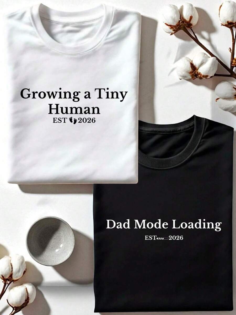 1 PC Growing A Tiny Human, Dad Mode Loading, Pregnancy Announcement Shirt, New Dad & Mom T-Shirt, Gift For Mom To Be, Future Mommy & Daddy, Funny New Parents Outfit, Pregnancy Reveal Tee OC-417 - Black Dad - 查看 1