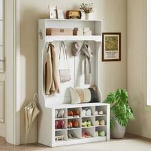 Wardrobe With Shelf, Bench, Hooks, Shoe Compartments, Particleboard, MDF, White - White - View 2