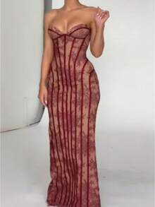 2026 Summer New Women's Fashion Strapless Lace Mermaid Dress Sexy Hot Girl Dress - 紅色-長款 - 查看 1