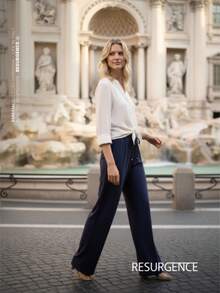 Women's Wide Leg Palazzo Pants, High Waist, Duna Fabric, Knit Fabric, Casual, Basic, Practical, Perfect For Everyday, Spring, Summer, Drawstring, Vacation, Office, Night, Diary, Travel - Màu xanh hải quân - Xem 3