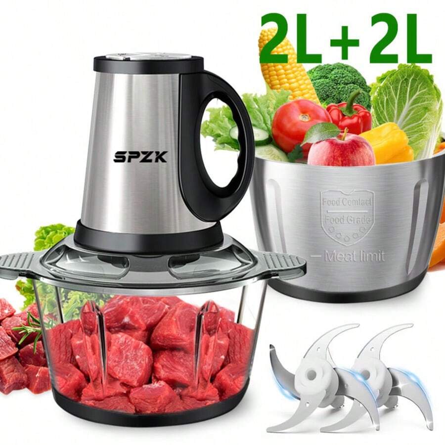 SPZTJK Electric Meat Grinder Food Chopper With Two 8 Bowls & 2 Bi-Level Blades, 6-Second Fast Meat Grinder, Household Function, Minced Vegetable Meat Grinder, Garlic Puree Complementary Food, Juice Noodles, One Machine, Can Come Into Contact With Food - Xem 1